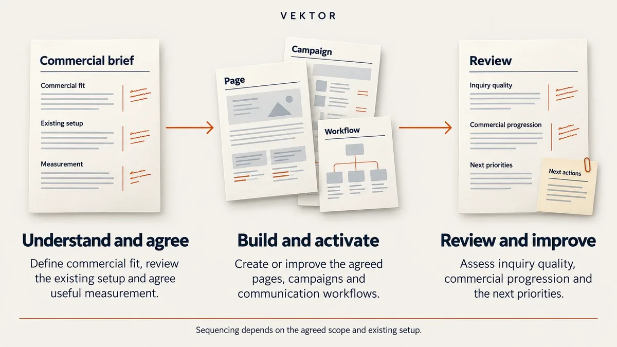 Three phases of an engagement: a commercial brief, then pages, campaigns and workflows, then a review of enquiry quality and next priorities
