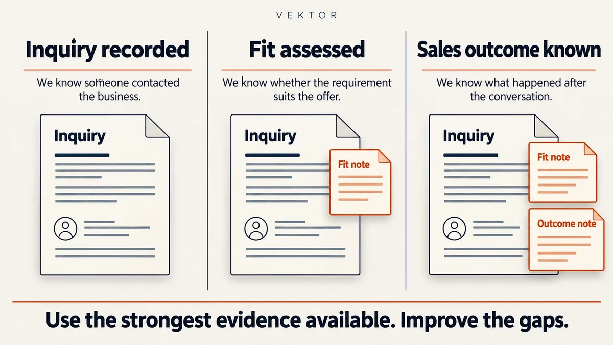 Three levels of evidence: enquiry recorded, fit assessed, sales outcome known