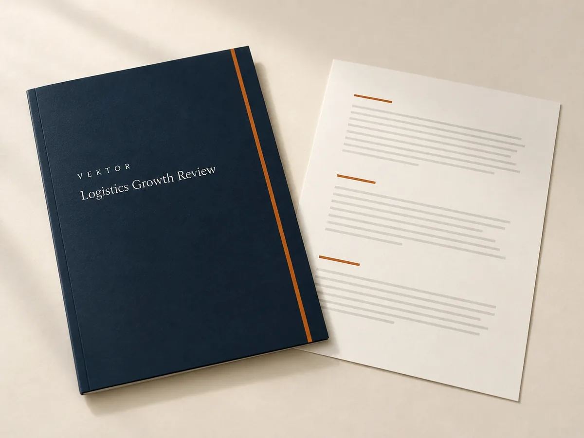 The Logistics Growth Review folio: a navy cover beside a sheet with three sections