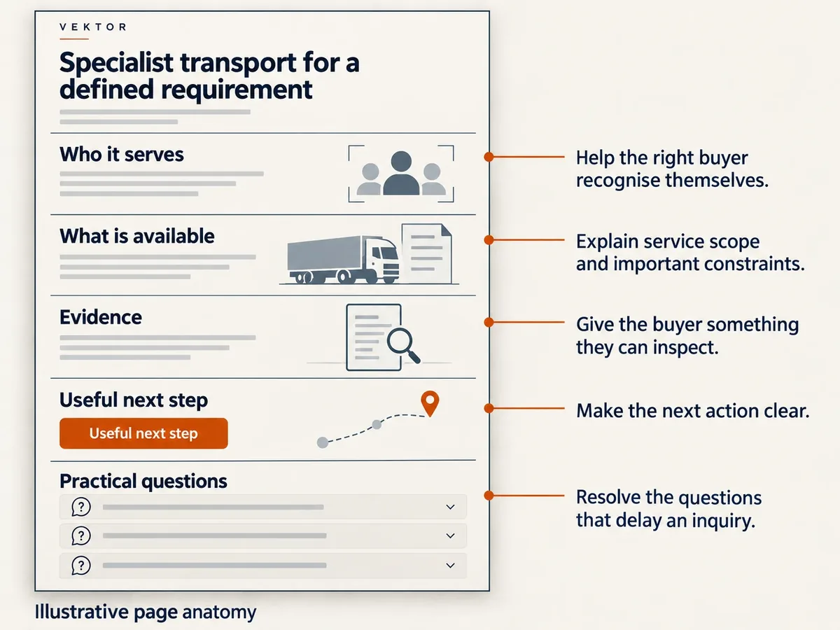 Anatomy of a service page: who it serves, what is available, evidence, the next step and practical questions
