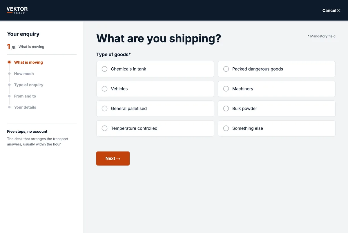 Screenshot of vektorgroup.eu: questions that qualify