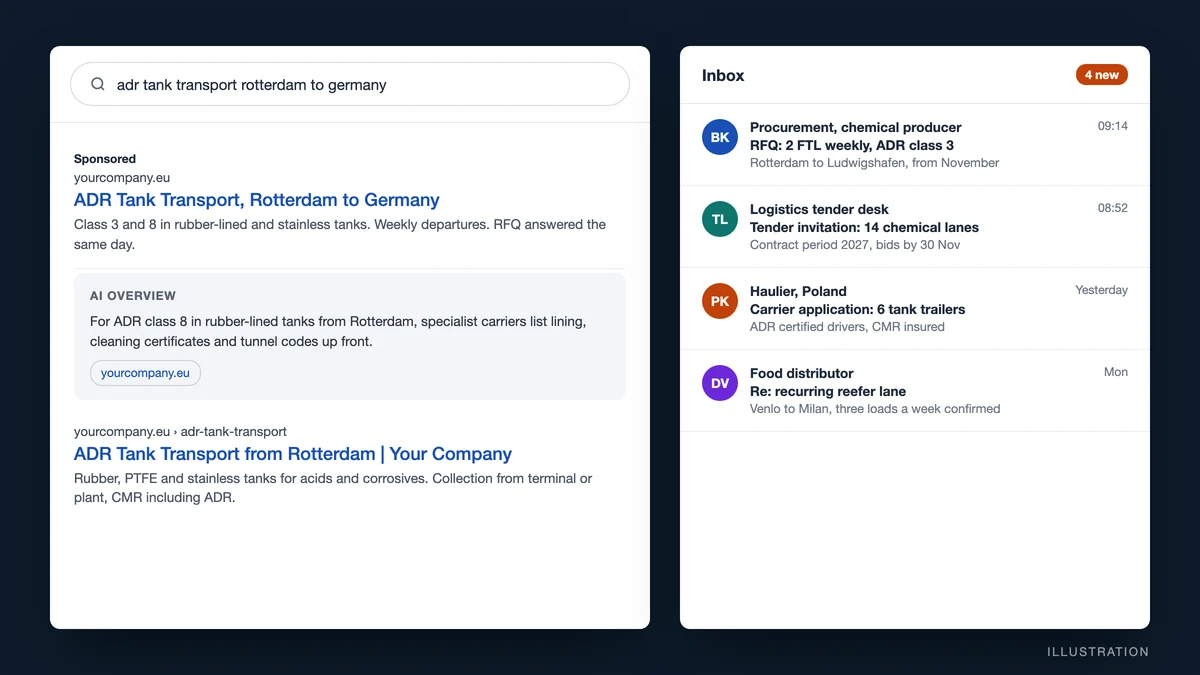 Marketing for logistics businesses, illustrated: a search result for an ADR tank lane and an inbox of quote requests, a tender invitation and a carrier application
