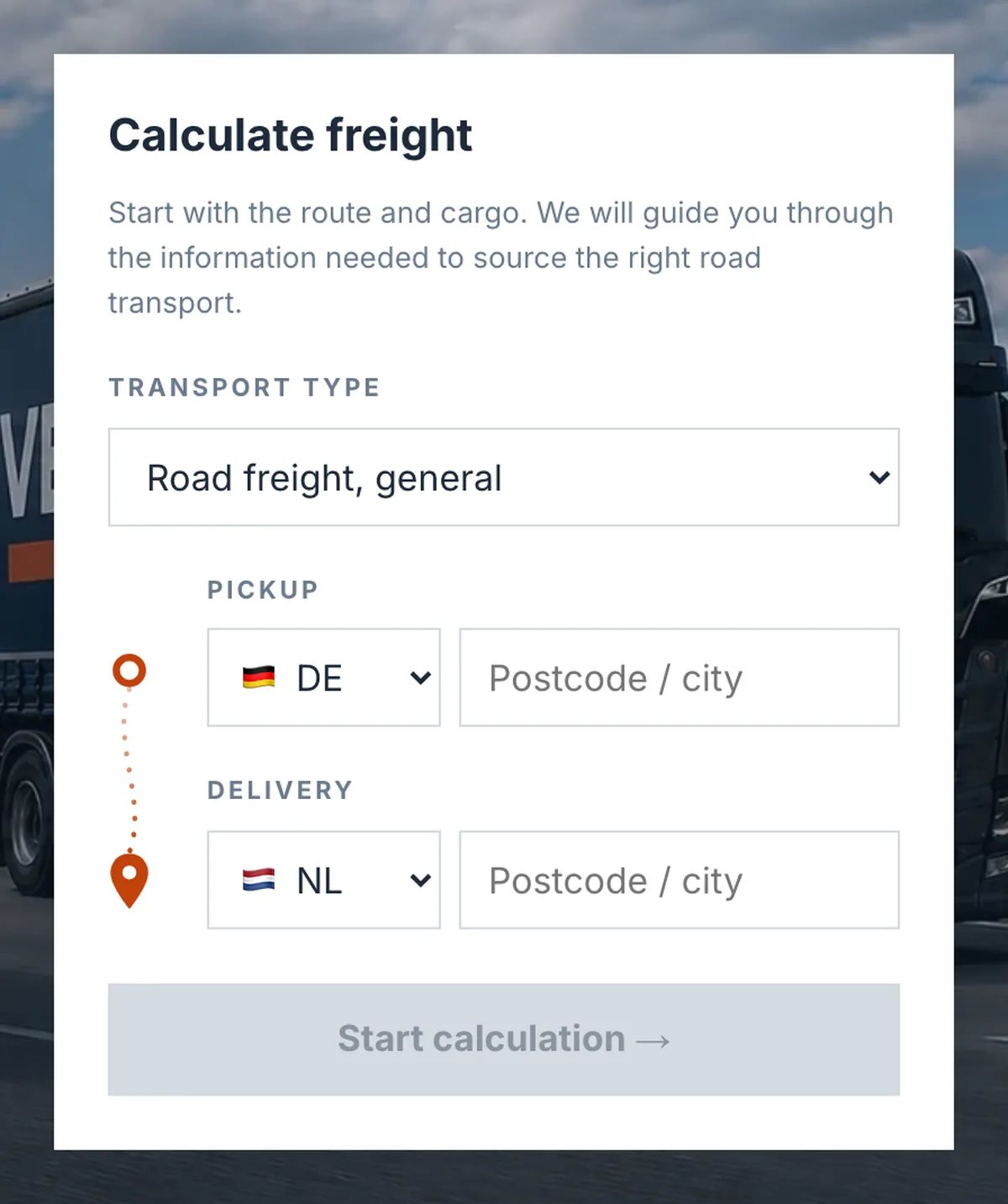Google Ads for logistics needs a landing page that qualifies: Vektor's freight calculator asking for transport type, pickup and delivery