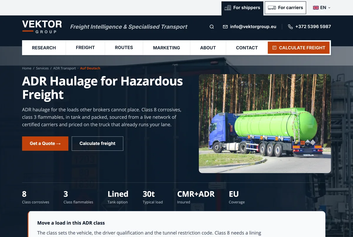 Logistics SEO in practice: Vektor's ADR haulage page, with the classes, tank options and a quote button on the first screen