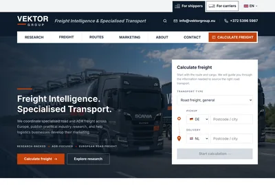 Marketing built in-house: Vektor's homepage with the freight calculator beside the offer