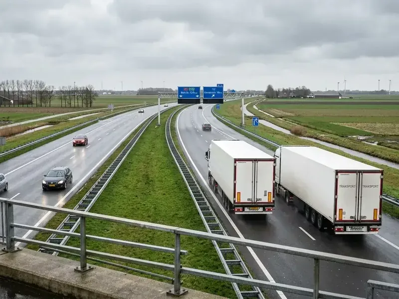 Two articulated lorries on a Dutch motorway seen from an overpass, haulage on a European corridor